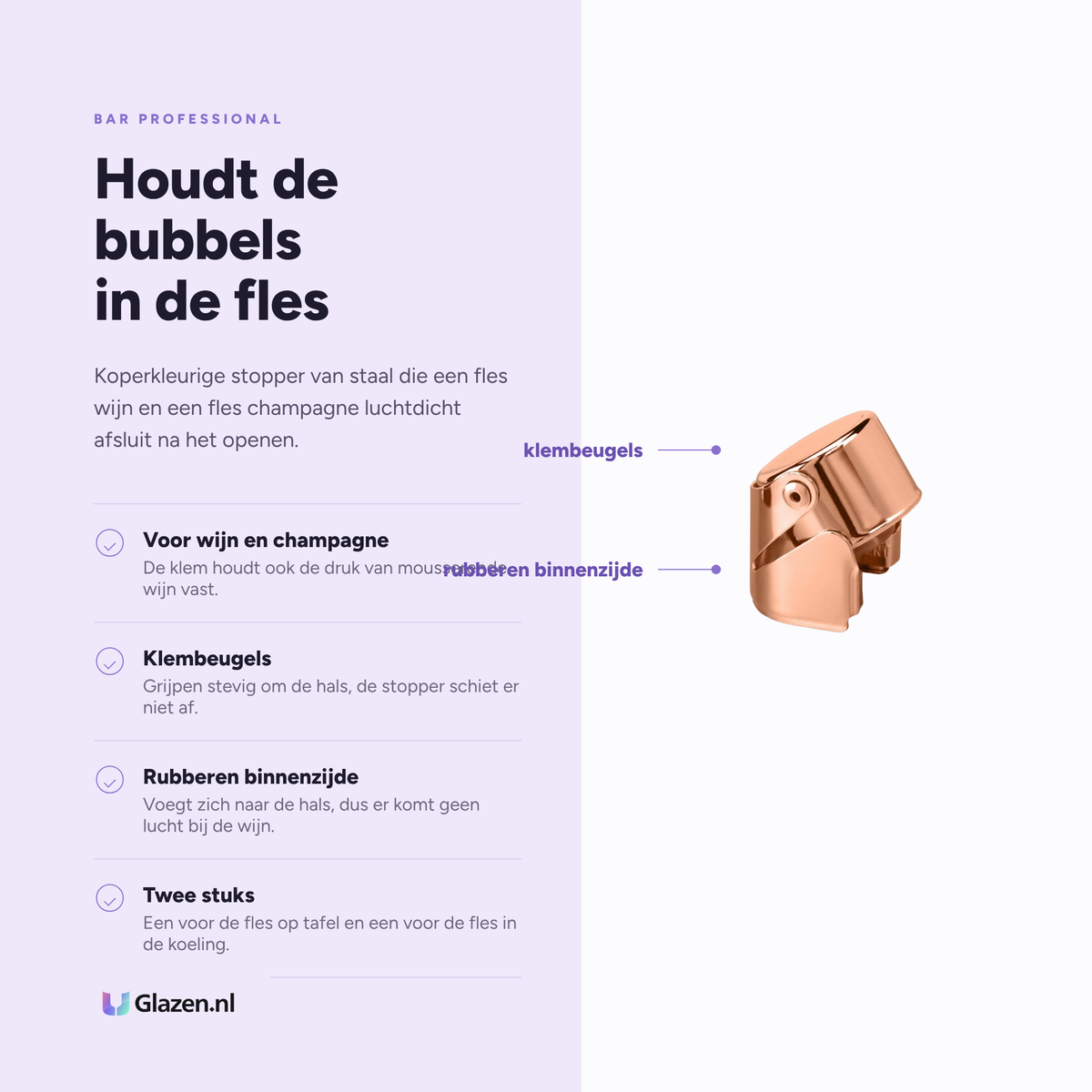 Infographic met de eigenschappen van Bar Professional Wijn- en Champagnestopper Koper - 2 Stuks