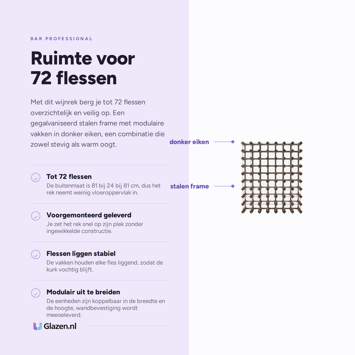 Bar Professional Wijnrek 72 Flessen Donker Eiken eigenschappen - Glazen.nl