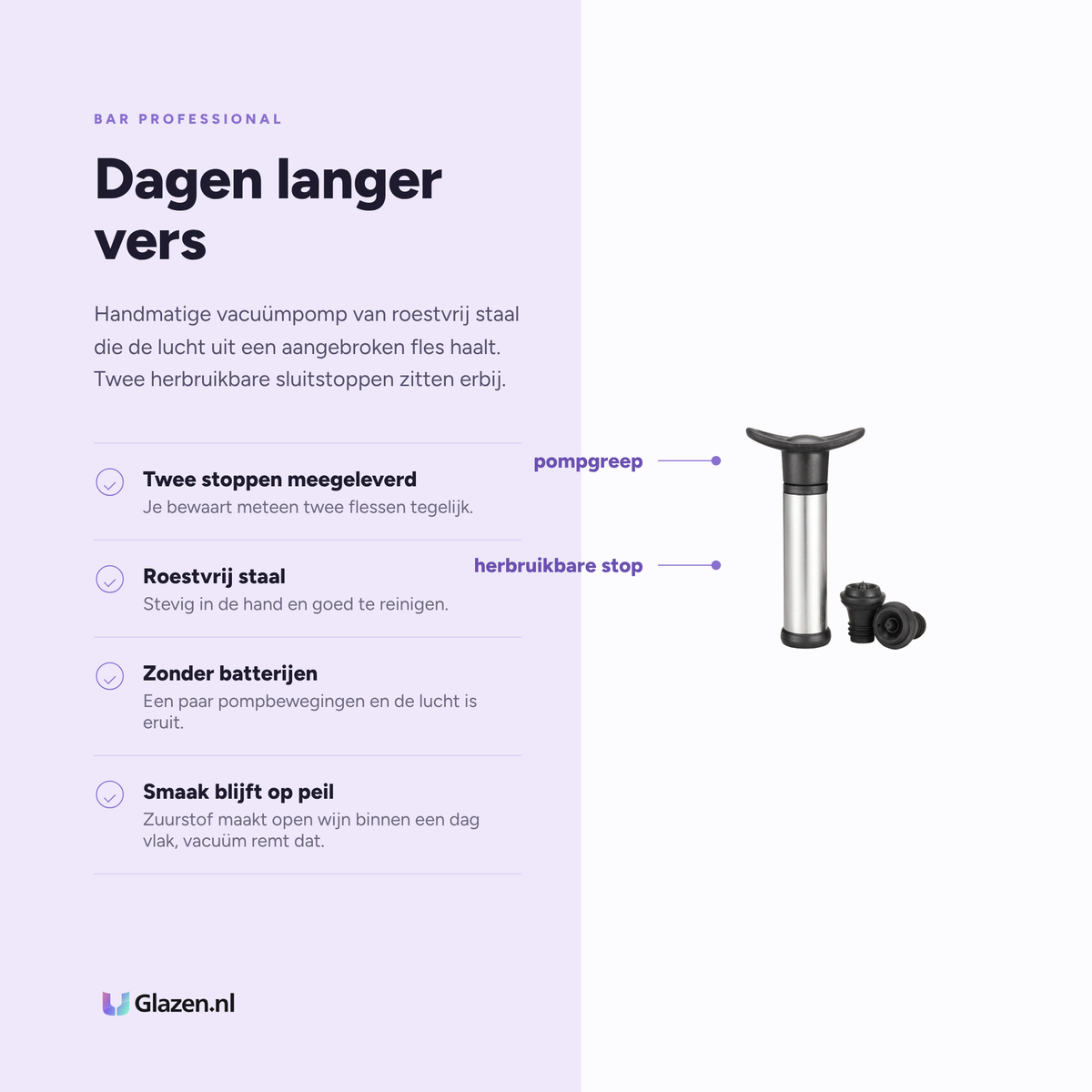 Infographic met de eigenschappen van Bar Professional Wijnvacuumpomp RVS met 2 Sluitstoppen