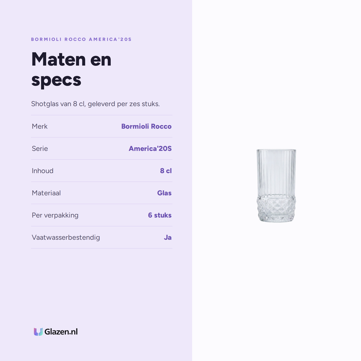Bormioli Rocco America'20S Shotglas 8 Cl - 6 Stuks, maten en specs