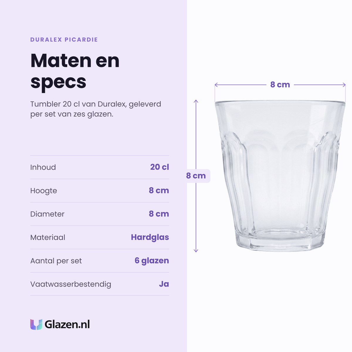 Duralex Picardie tumbler 20 cl specificaties: inhoud 20 cl, hoogte 8 cm, diameter 8 cm, hardglas, set van 6