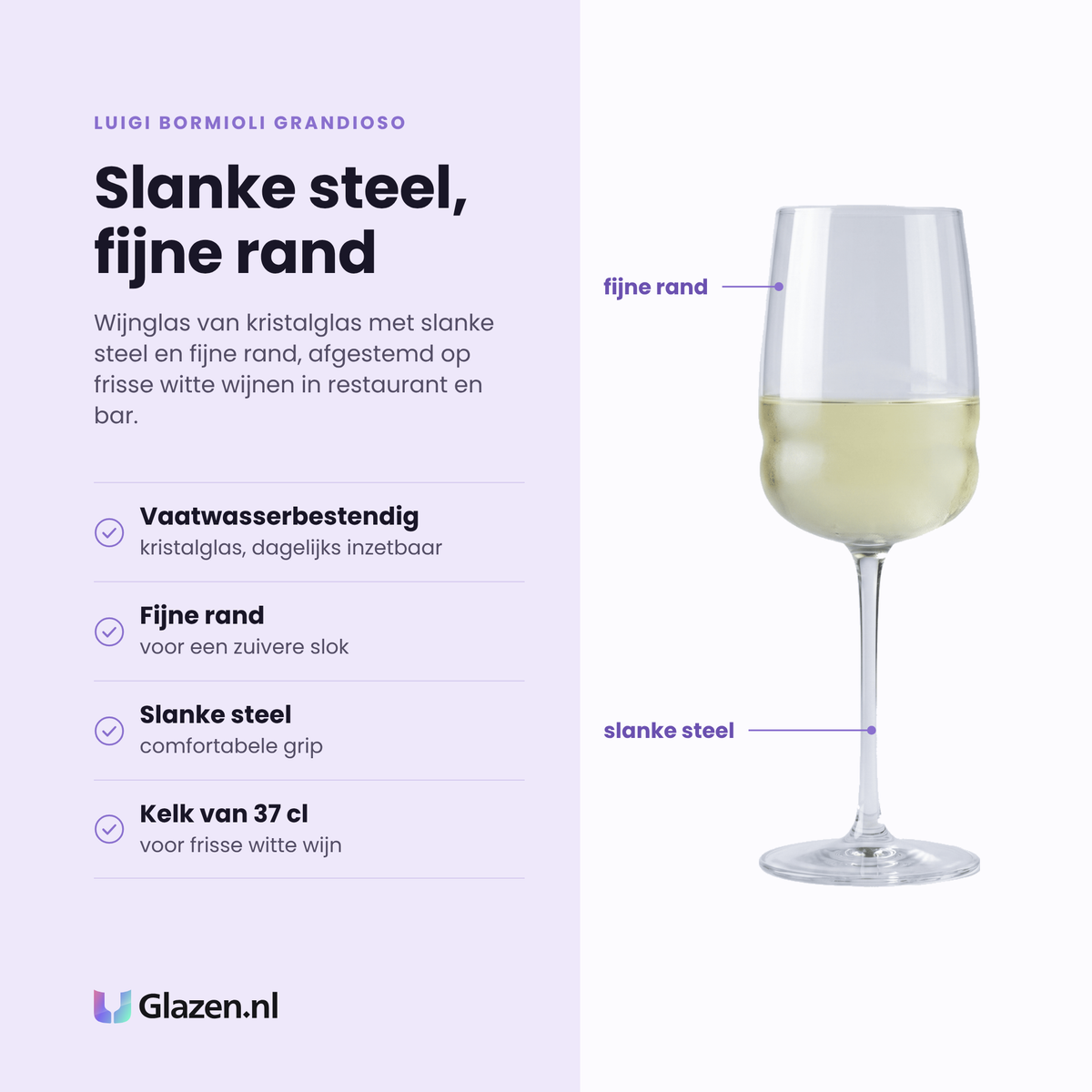 Luigi Bormioli Grandioso wijnglas 37 cl eigenschappen: vaatwasserbestendig kristalglas, fijne rand, slanke steel, kelk van 37 cl