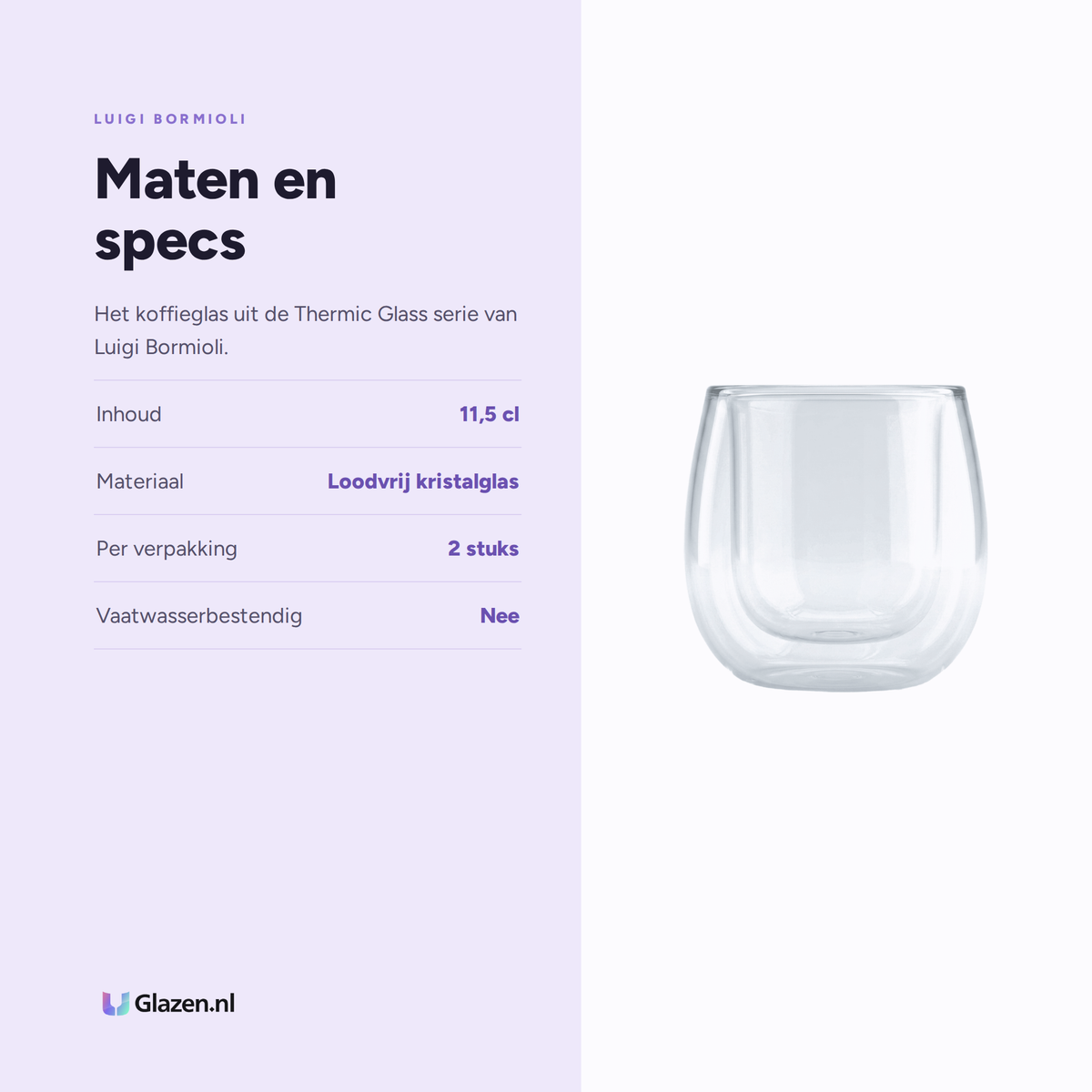 Maten en specs van Luigi Bormioli Thermic Glass Koffieglas 11,5 Cl Ametista