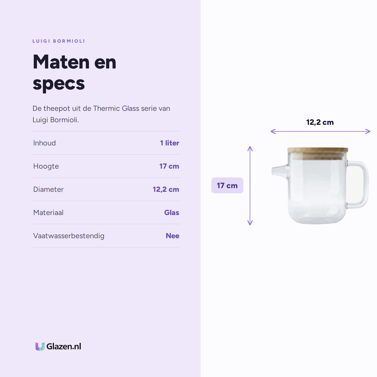 Maten en specs van Luigi Bormioli Thermic Glass Theepot 1L Anti-Drip Met Bamboe Deksel