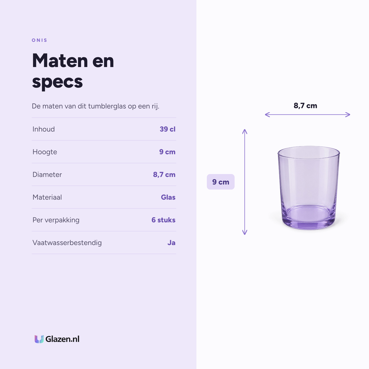 Maten en specificaties van Onis Cidra Old Fashioned Glas 39 cl Light Purple - 6 Stuks