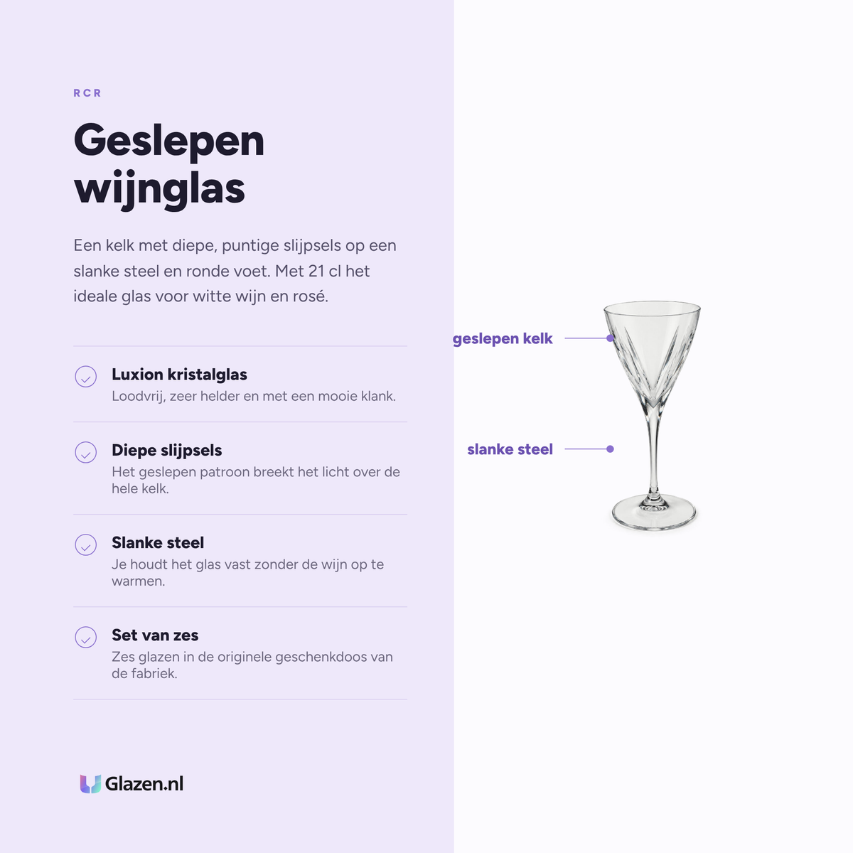 Infographic met de eigenschappen van RCR Fusion Witte Wijnglas 21 cl Transparant - 6 Stuks