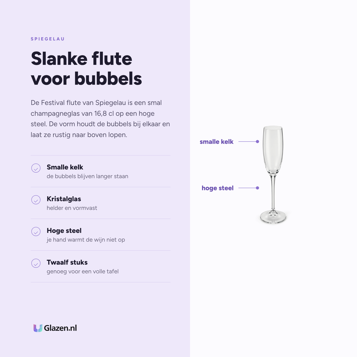 Infographic met de eigenschappen van het Spiegelau Festival champagneglas 16,8 cl