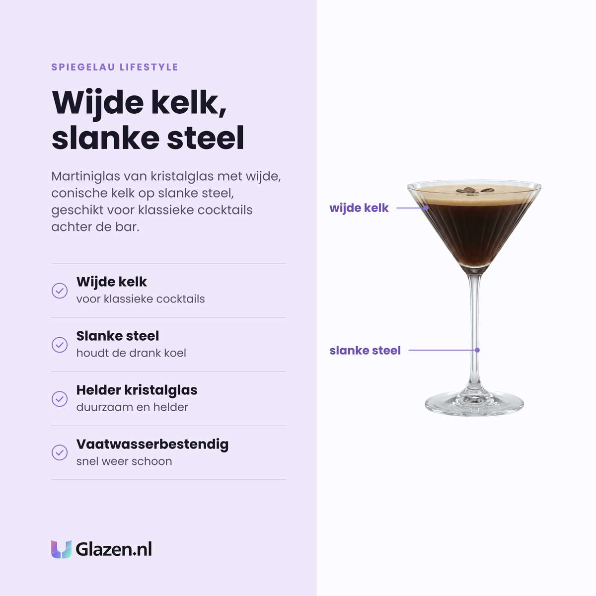 Spiegelau Lifestyle martiniglas 22 cl eigenschappen: wijde kelk voor klassieke cocktails, slanke steel houdt de drank koel, helder kristalglas, vaatwasserbestendig